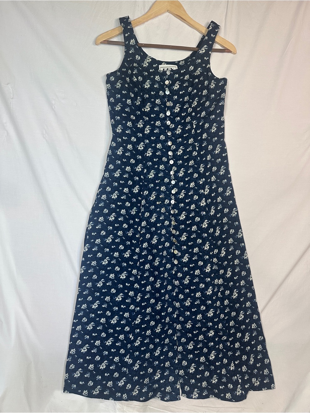 Vintage 90s DBY Ltd Floral Button Front Maxi Dress Cottagecore Blue Cream Size 3